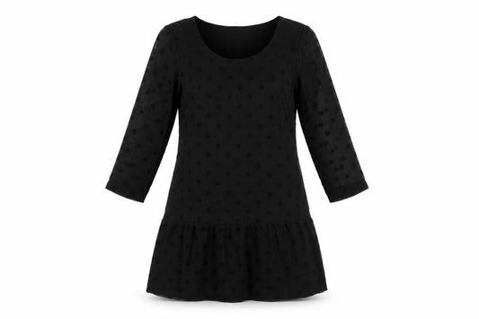 Front view of VILA women’s black polka dot polyester a-line, size S, boat neck zip