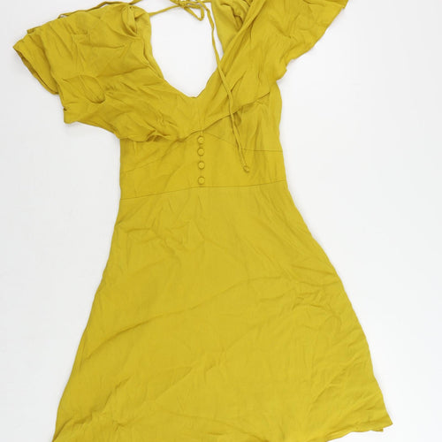River Island Womens Yellow Viscose Fit & Flare Size 12 V-Neck Zip