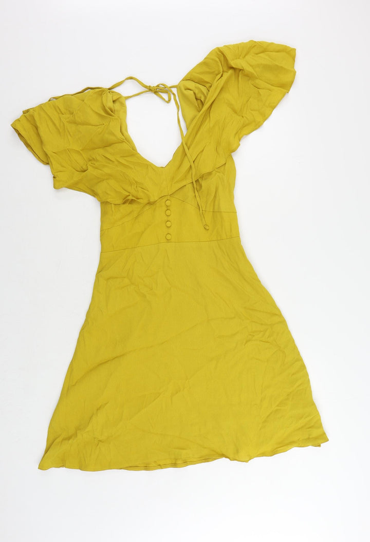 River Island Womens Yellow Viscose Fit & Flare Size 12 V-Neck Zip