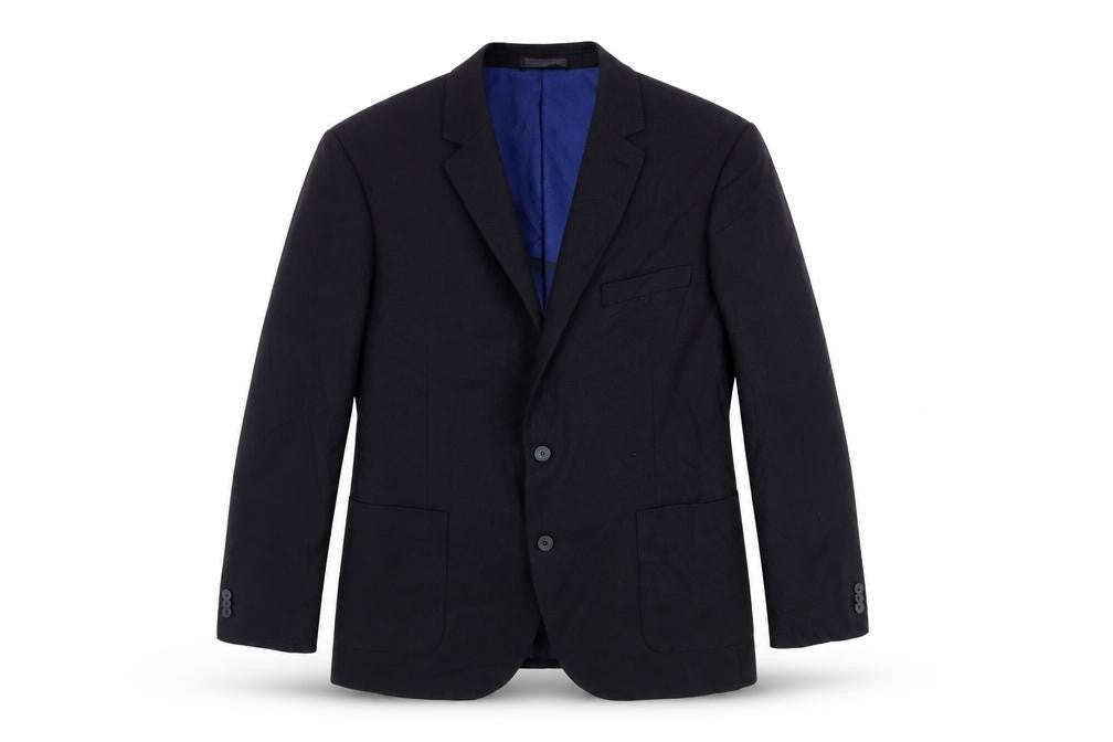 Front view of Marks & Spencer men’s blue polyester jacket suit jacket, size 46, regular