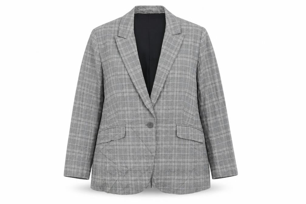 Front view of Marks & Spencer women’s grey plaid jacket blazer, size UK 20, button