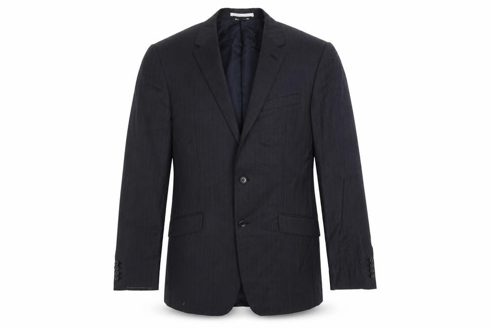 Front view of Marks & Spencer men’s blue striped polyester jacket suit jacket, size 38, regular