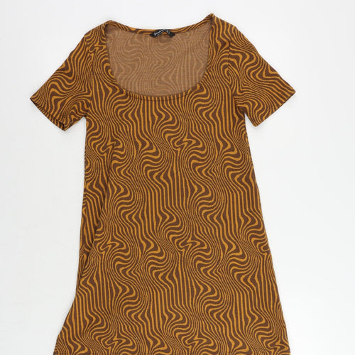 Stradivarius Womens Brown Geometric Polyester Shift Size S Boat Neck Pullover
