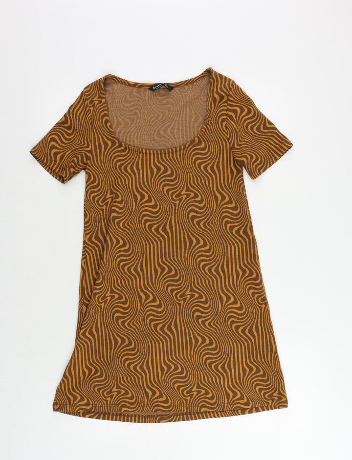 Stradivarius Womens Brown Geometric Polyester Shift Size S Boat Neck Pullover