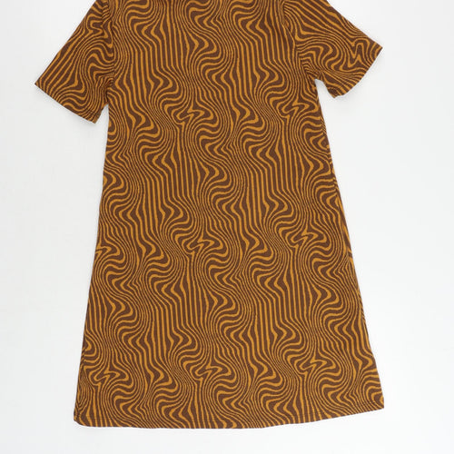 Stradivarius Womens Brown Geometric Polyester Shift Size S Boat Neck Pullover