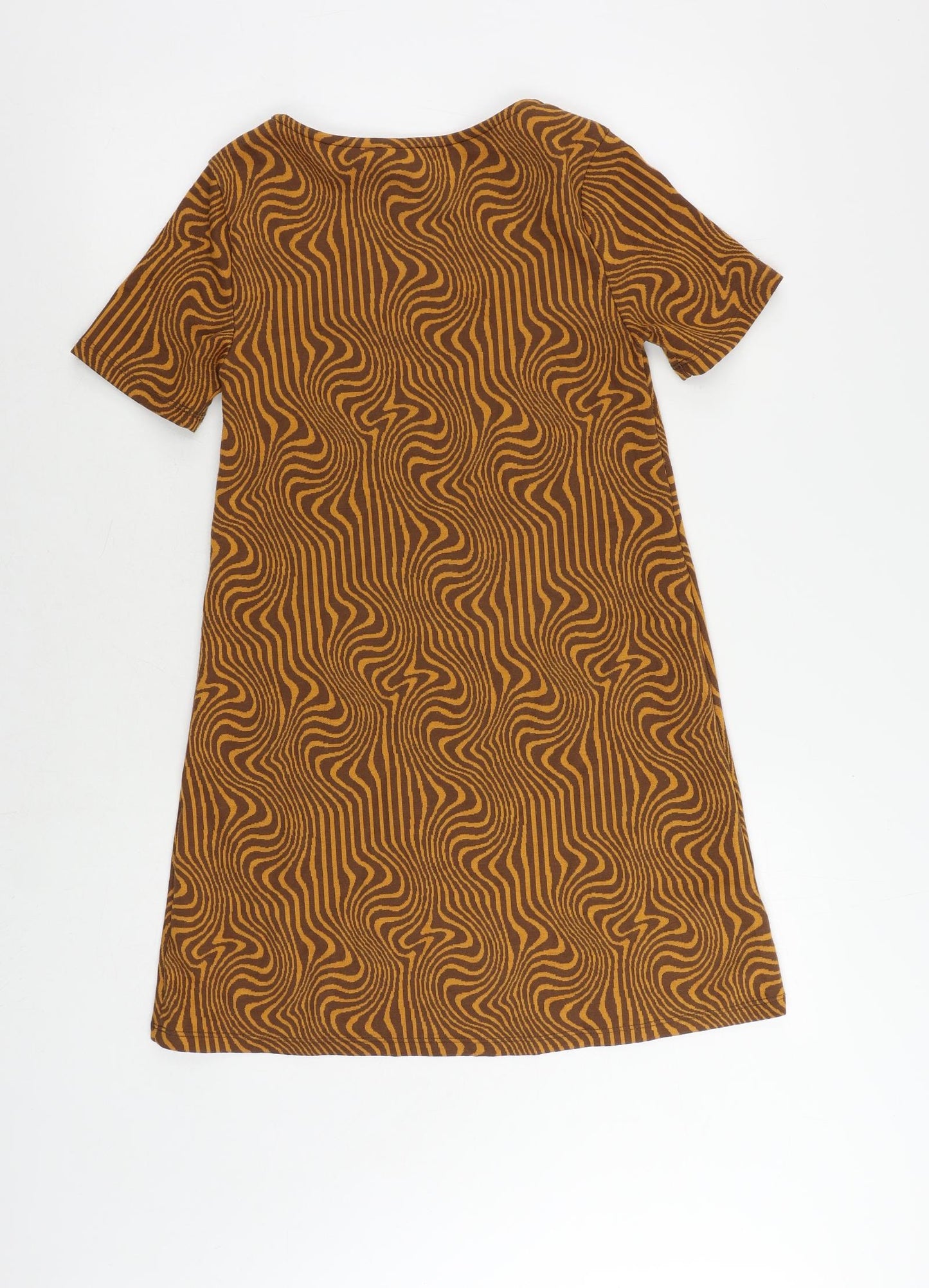 Stradivarius Womens Brown Geometric Polyester Shift Size S Boat Neck Pullover