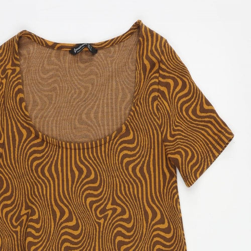 Stradivarius Womens Brown Geometric Polyester Shift Size S Boat Neck Pullover