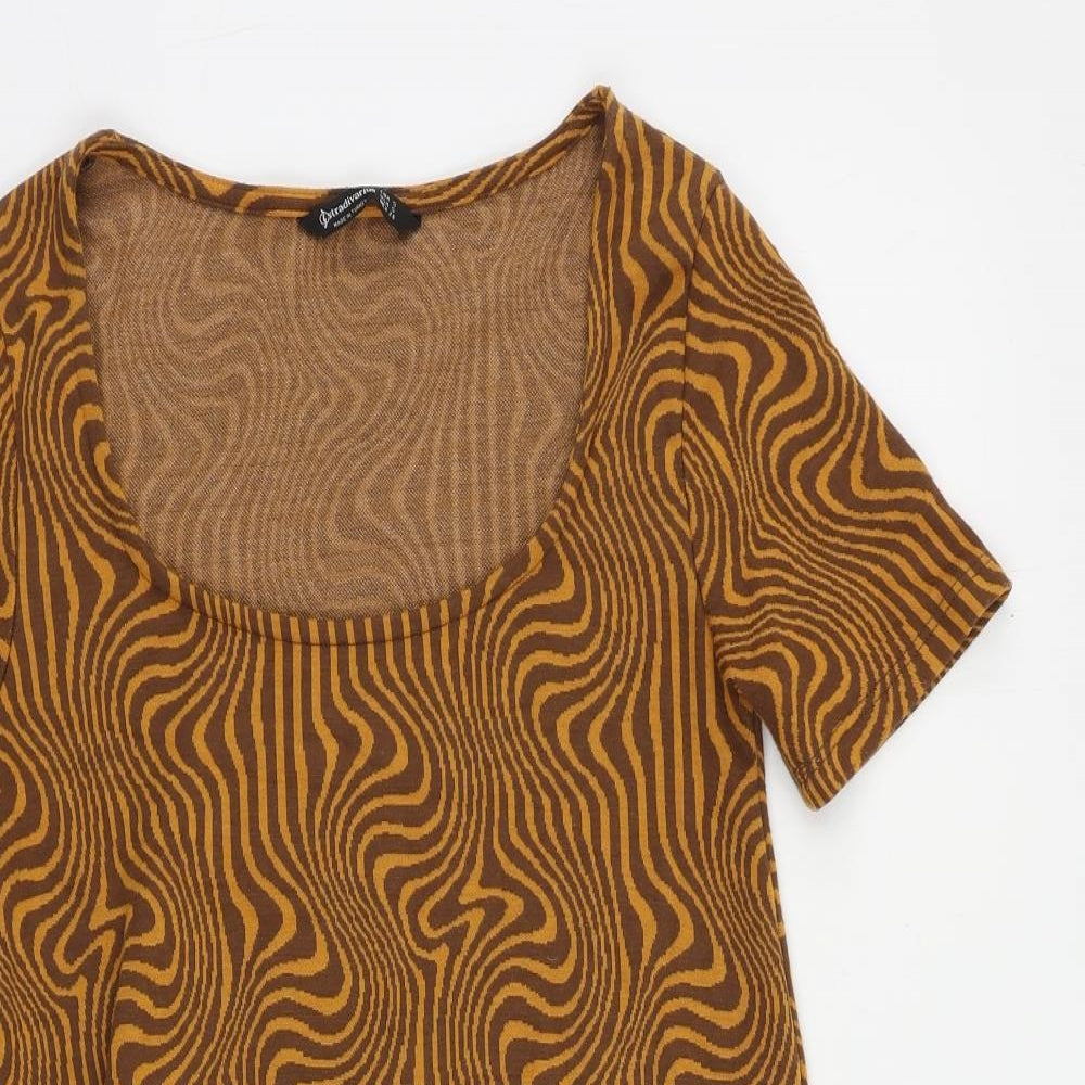 Stradivarius Womens Brown Geometric Polyester Shift Size S Boat Neck Pullover
