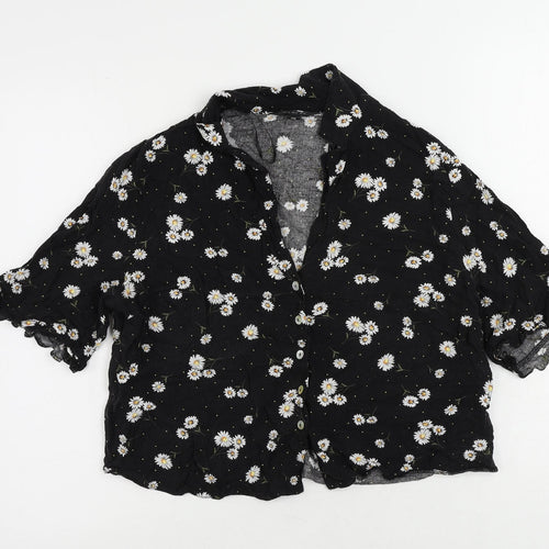 Miss Selfridge Womens Black Floral Viscose Basic Button-Up Size 16 Collared