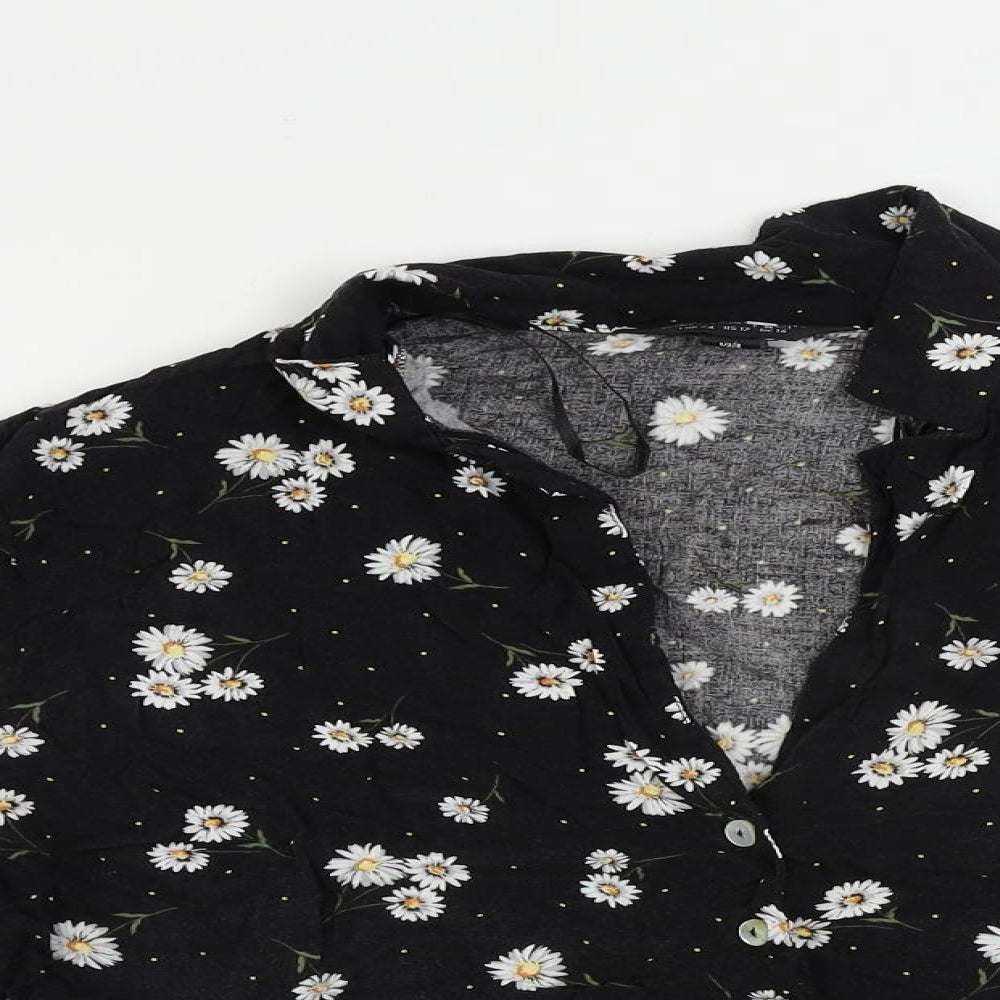 Miss Selfridge Womens Black Floral Viscose Basic Button-Up Size 16 Collared
