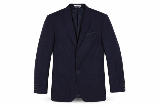 Front view of Marks & Spencer men’s blue striped polyester jacket suit jacket, size 44, regular