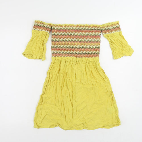 Brave Soul Womens Yellow Geometric Viscose Mini Size XS Off the Shoulder Pullover