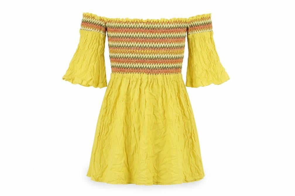 Brave Soul Womens Yellow Geometric Viscose Mini Size XS Off the Shoulder Pullover