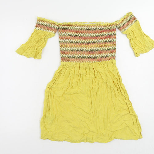 Brave Soul Womens Yellow Geometric Viscose Mini Size XS Off the Shoulder Pullover
