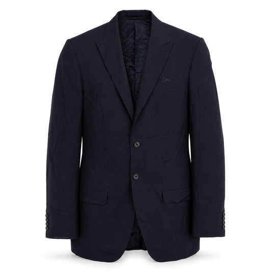 Front view of Marks & Spencer men’s blue striped polyester jacket suit jacket, size 38, regular