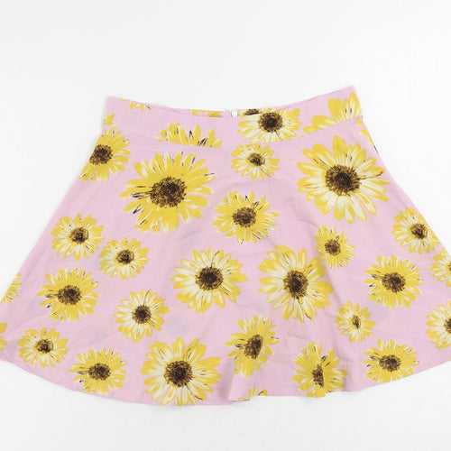 ROMWE Womens Pink Floral Polyester Skater Skirt Size M Zip