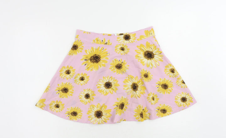 ROMWE Womens Pink Floral Polyester Skater Skirt Size M Zip