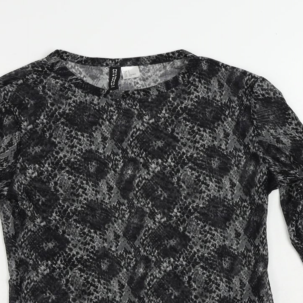 Divided by H&M Womens Black Animal Print Polyester Basic T-Shirt Size S Crew Neck - Sheer