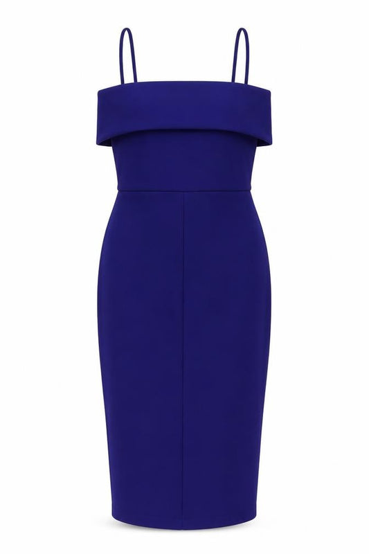 Front view of ASOS women’s blue polyester bodycon, size UK 10, square neck zip