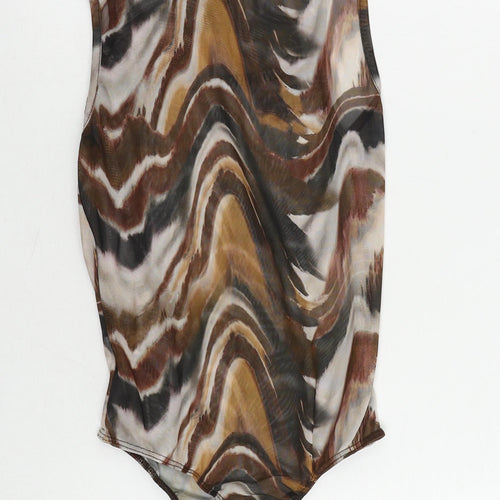 PRETTYLITTLETHING Womens Brown Geometric Polyester Bodysuit One-Piece Size 8 Snap - Sheer
