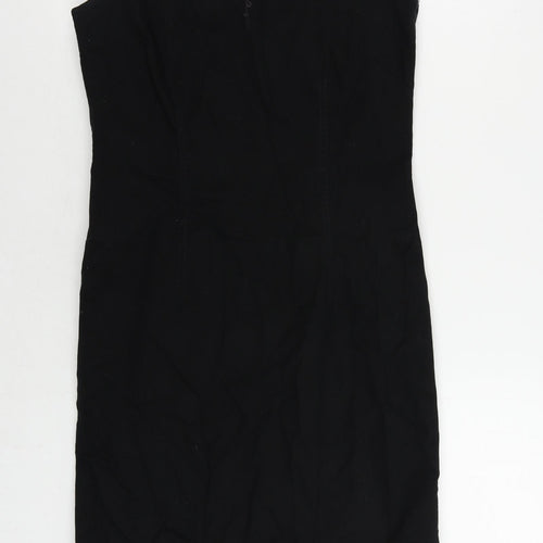Marks and Spencer Womens Black Cotton Pencil Dress Size 10 V-Neck Zip - Embroidered