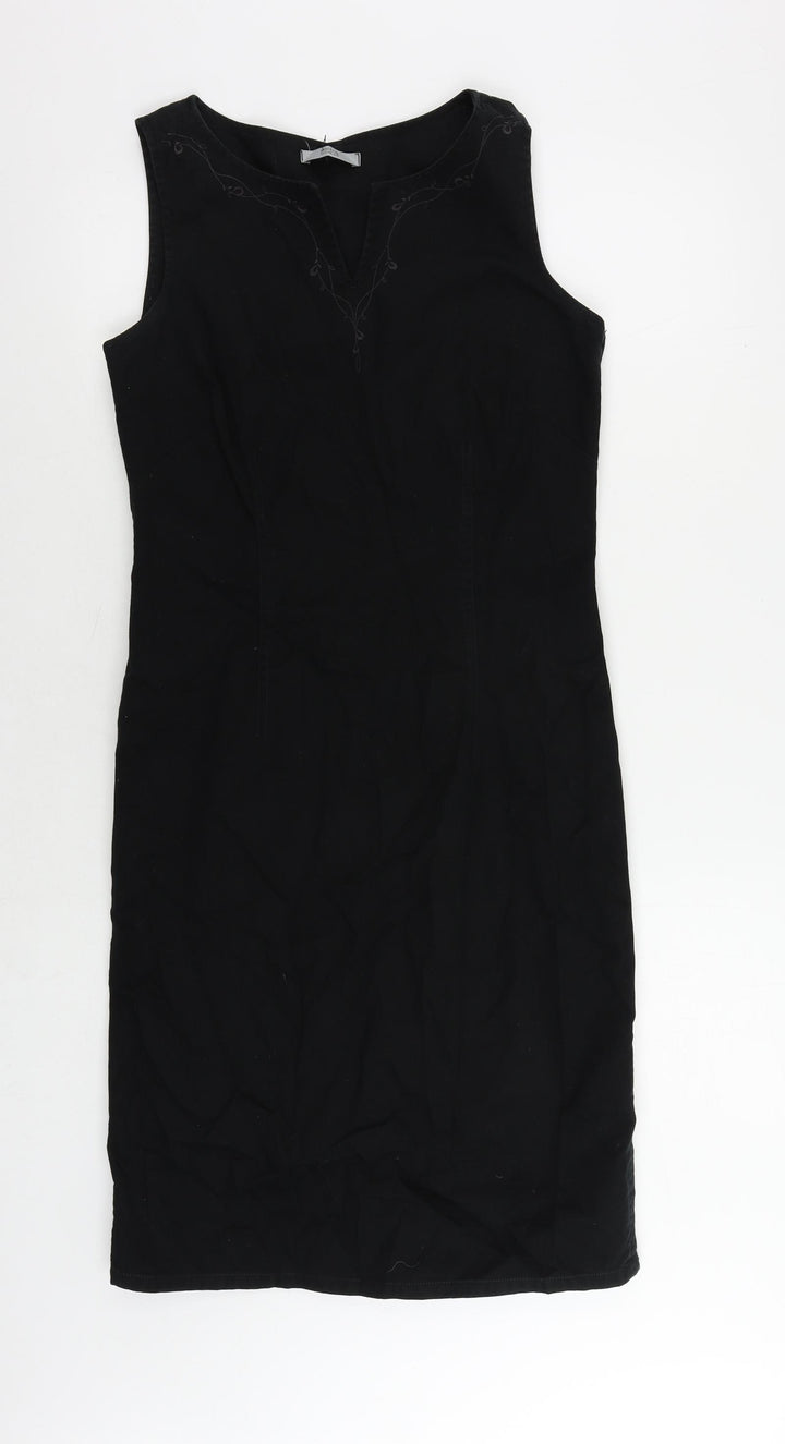 Marks and Spencer Womens Black Cotton Pencil Dress Size 10 V-Neck Zip - Embroidered