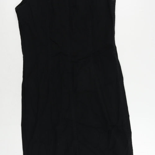 Marks and Spencer Womens Black Cotton Pencil Dress Size 10 V-Neck Zip - Embroidered