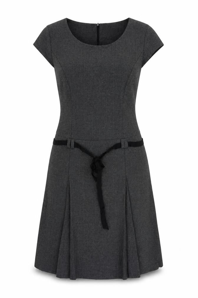 Front view of Cue women’s grey polyester a-line, size UK 12, boat neck zip - pleated
