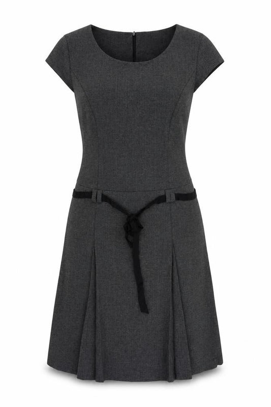 Front view of Cue women’s grey polyester a-line, size UK 12, boat neck zip - pleated
