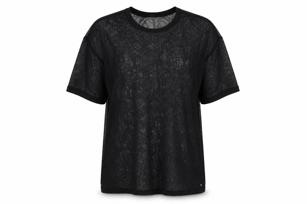 Front view of Hurley women’s black geometric polyester basic t-shirt, size M, crew neck - sheer