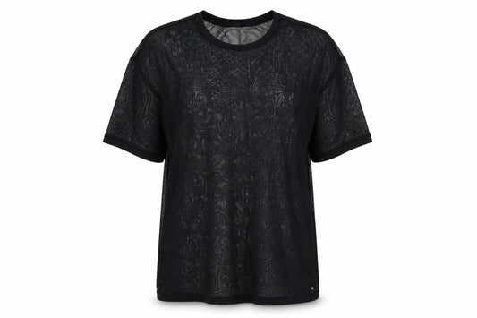 Front view of Hurley women’s black geometric polyester basic t-shirt, size M, crew neck - sheer
