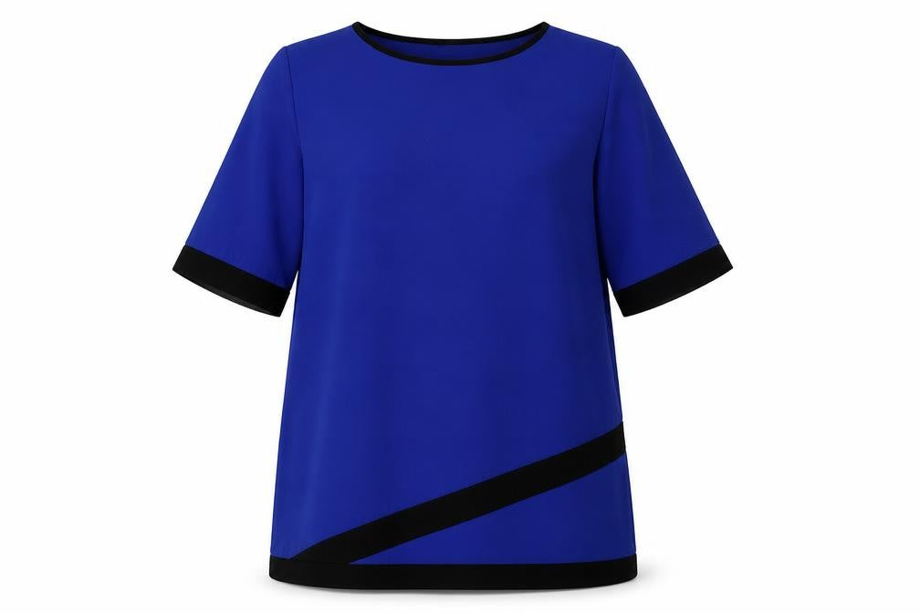 Front view of Quiz women’s blue polyester shift, size UK 24, boat neck pullover - contrasting trim