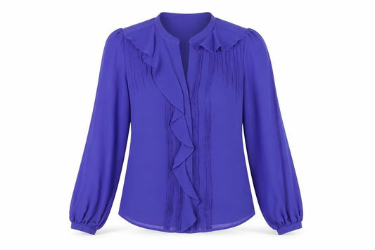 Front view of Oasis women’s blue polyester basic button-up, size UK 8, v-neck