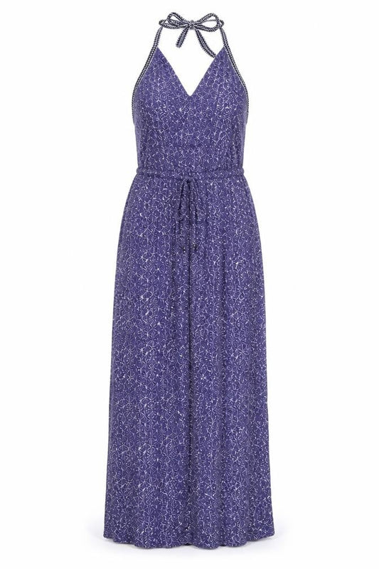 Front view of New Look women’s blue geometric viscose maxi, size UK 8, halter pullover