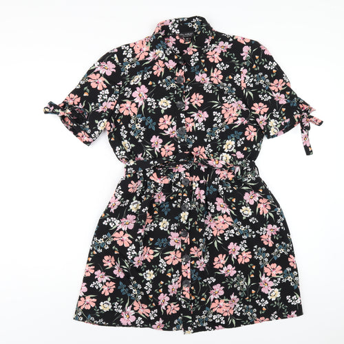 Miss Selfridge Womens Black Floral Polyester Shirt Dress Size 10 Collared Button