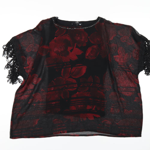 NEXT Womens Red Floral Polyester Basic T-Shirt Size 12 Round Neck - Beaded Neckline Tassled Sleeve
