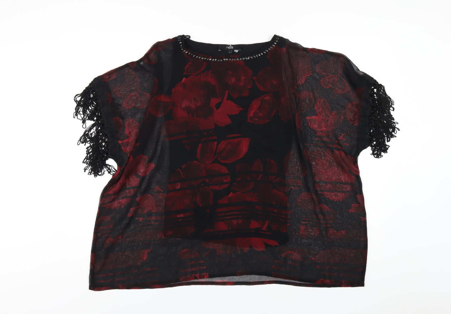 NEXT Womens Red Floral Polyester Basic T-Shirt Size 12 Round Neck - Beaded Neckline Tassled Sleeve