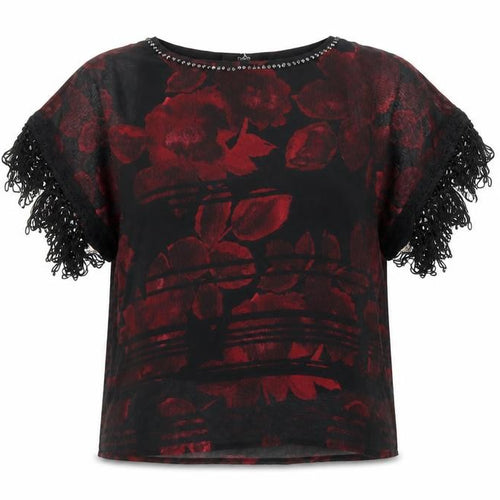 NEXT Womens Red Floral Polyester Basic T-Shirt Size 12 Round Neck - Beaded Neckline Tassled Sleeve