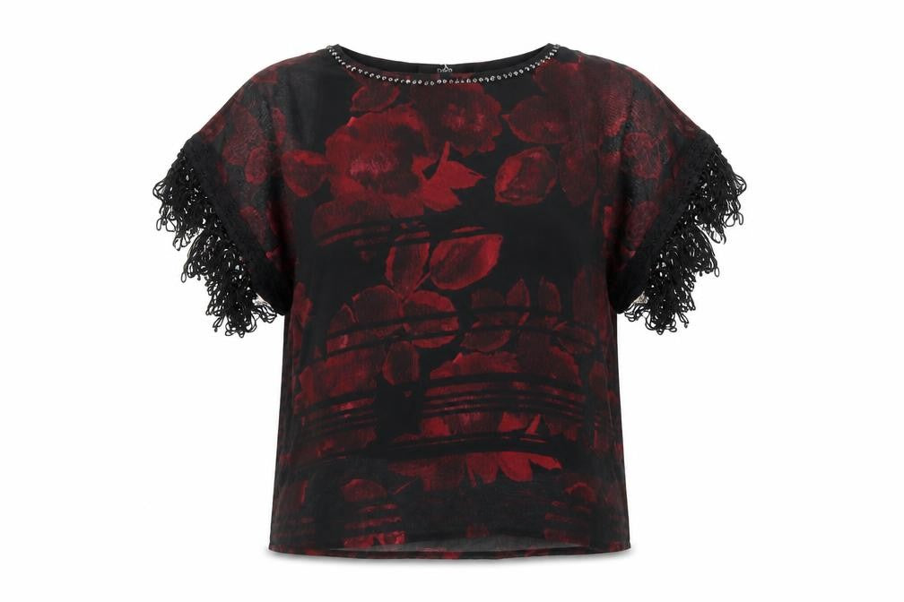 NEXT Womens Red Floral Polyester Basic T-Shirt Size 12 Round Neck - Beaded Neckline Tassled Sleeve