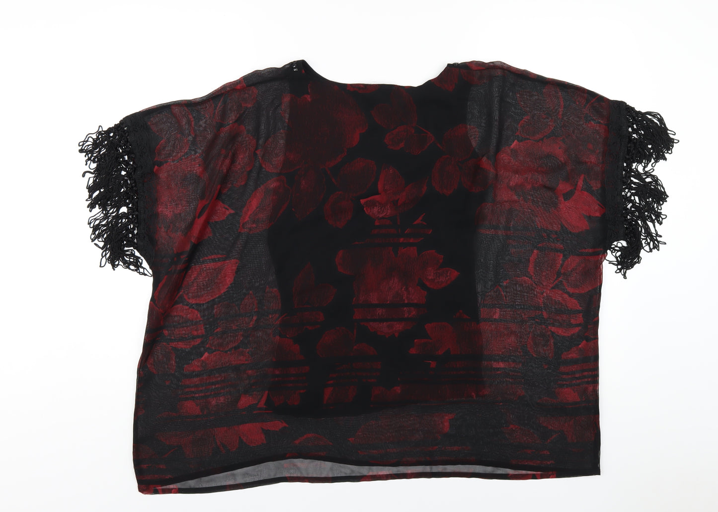 NEXT Womens Red Floral Polyester Basic T-Shirt Size 12 Round Neck - Beaded Neckline Tassled Sleeve