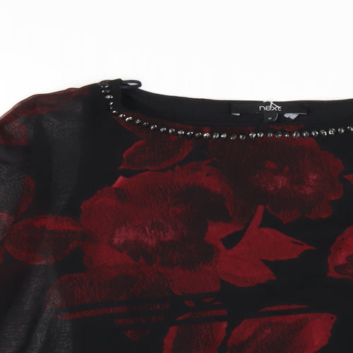 NEXT Womens Red Floral Polyester Basic T-Shirt Size 12 Round Neck - Beaded Neckline Tassled Sleeve