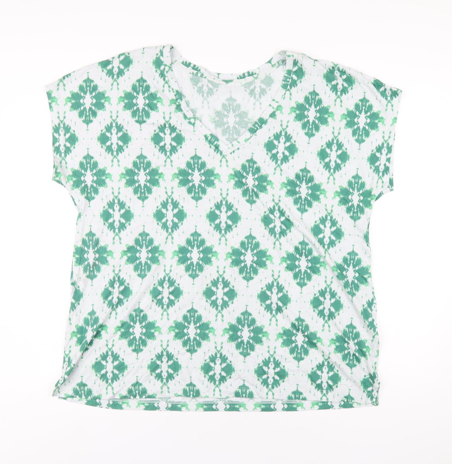 Marks and Spencer Womens Green Geometric Cotton Basic T-Shirt Size 16 V-Neck