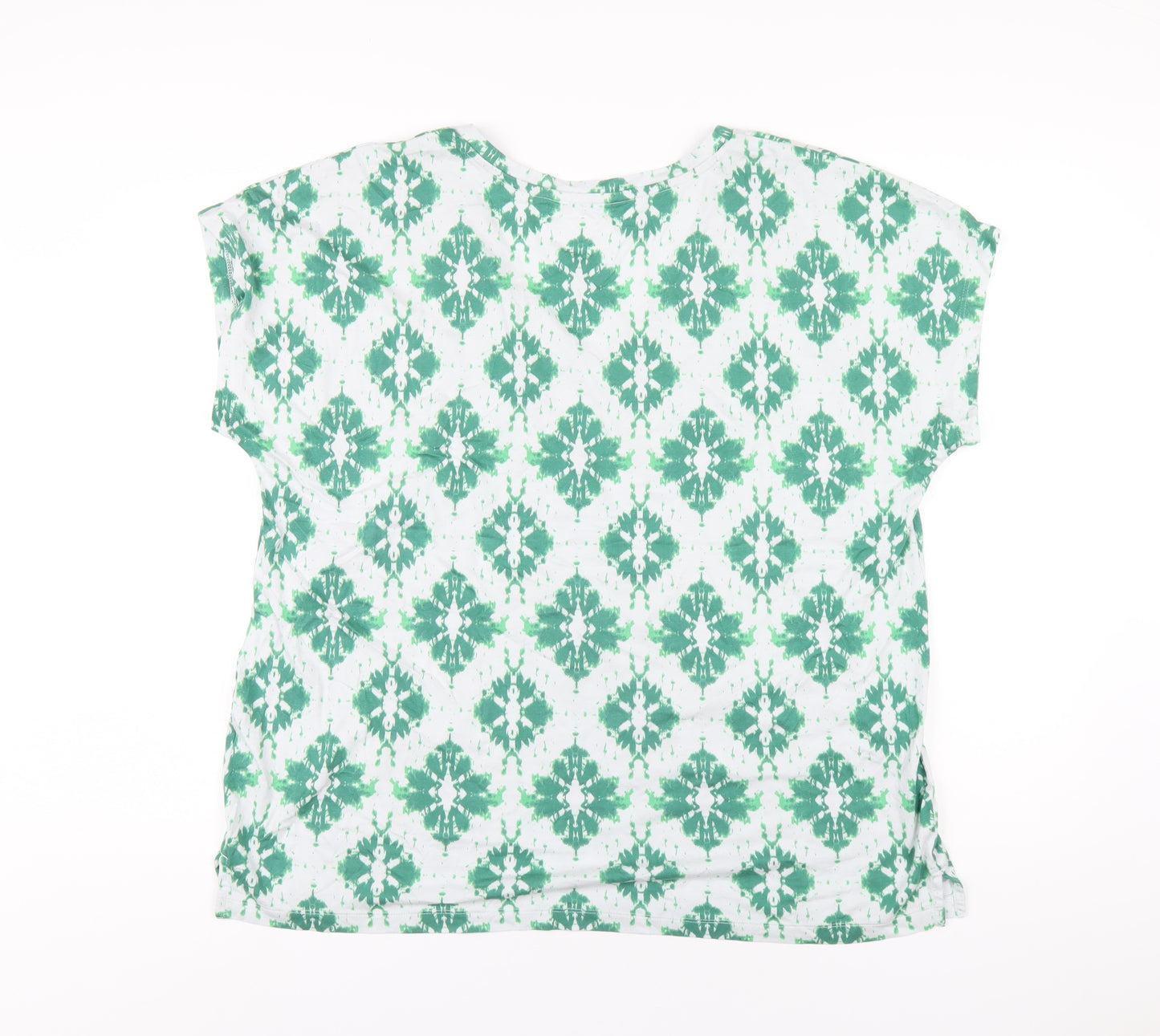 Marks and Spencer Womens Green Geometric Cotton Basic T-Shirt Size 16 V-Neck
