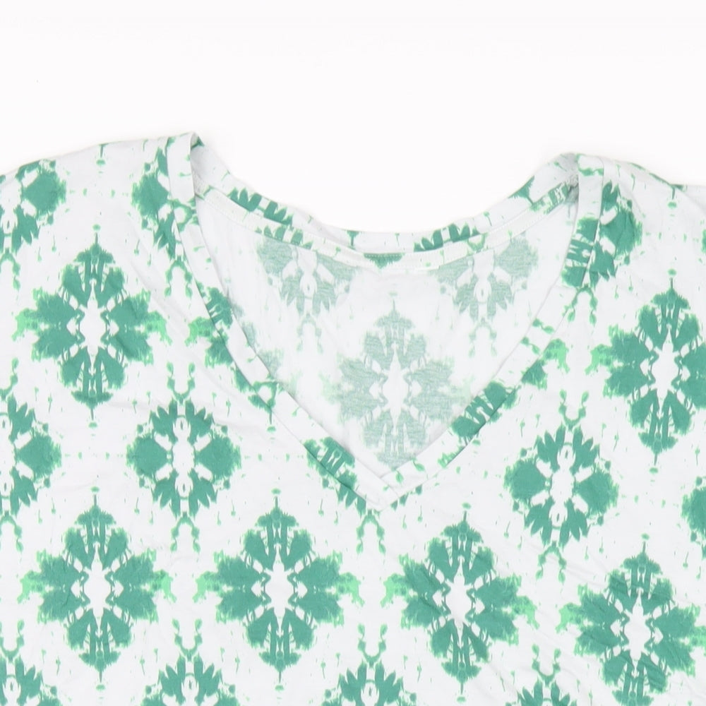 Marks and Spencer Womens Green Geometric Cotton Basic T-Shirt Size 16 V-Neck