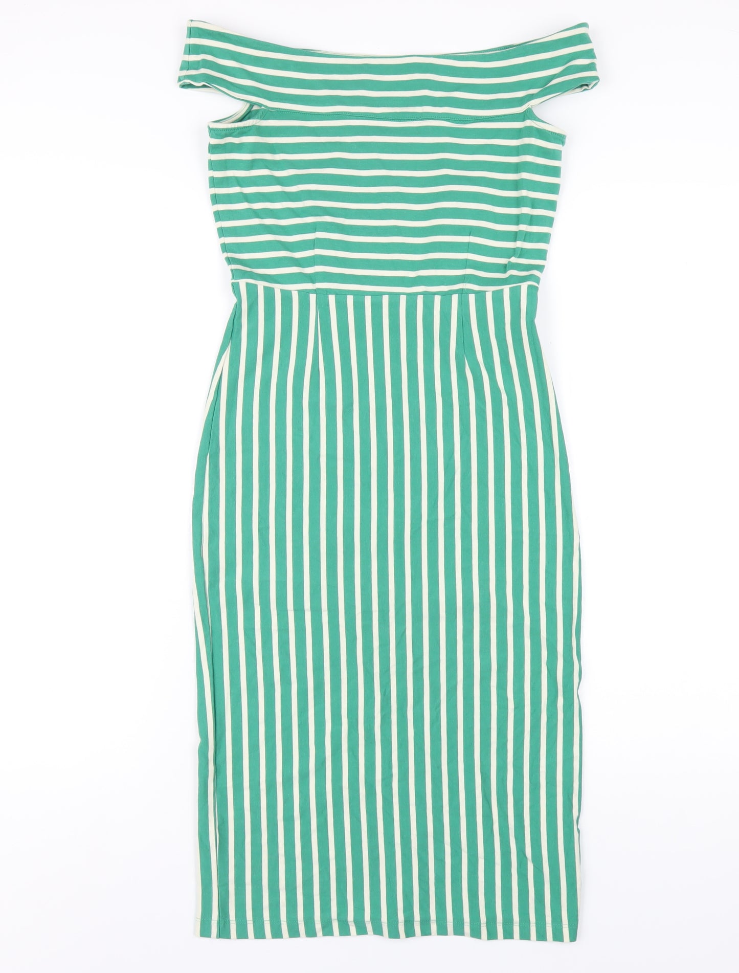 King Louie Womens Green Striped Cotton Bodycon Size XS Off the Shoulder Pullover