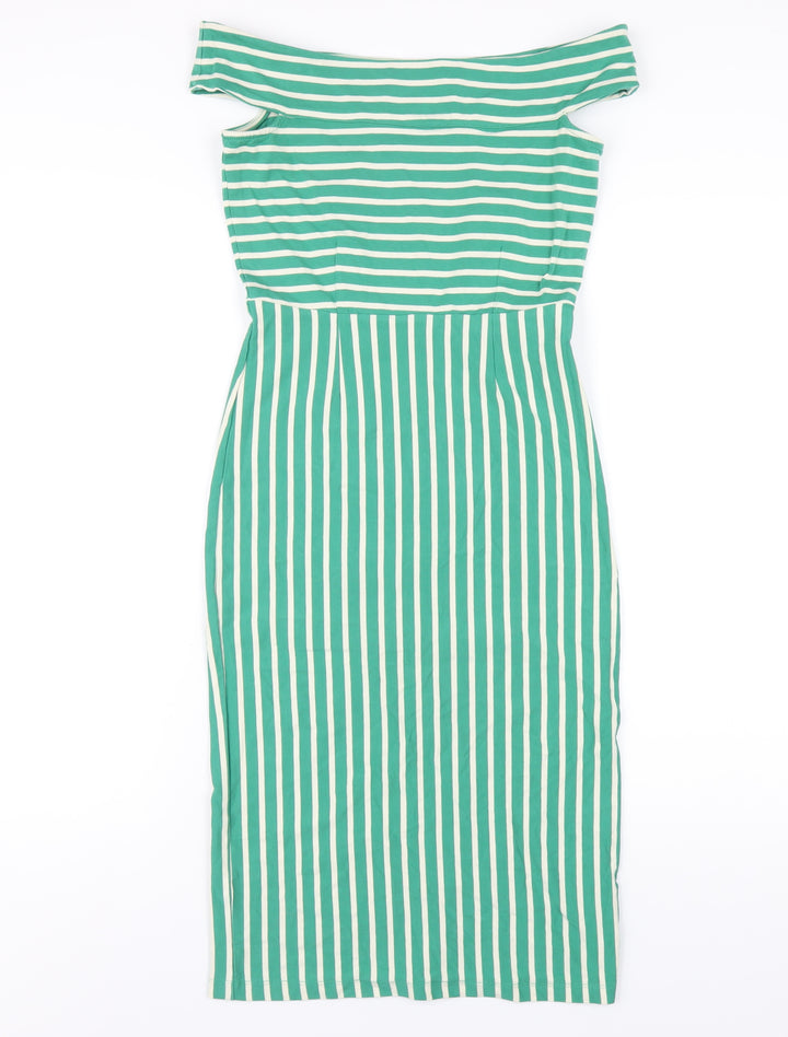 King Louie Womens Green Striped Cotton Bodycon Size XS Off the Shoulder Pullover