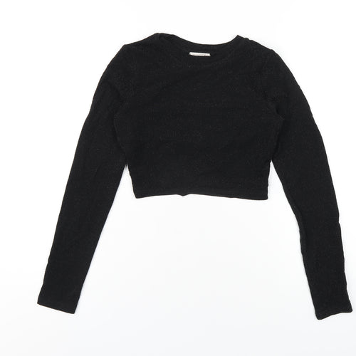 Pull&Bear Womens Black Polyethylene Cropped T-Shirt Size S Round Neck