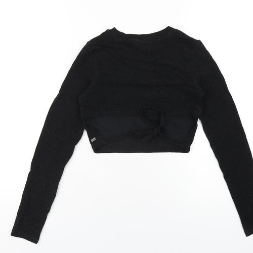 Pull&Bear Womens Black Polyethylene Cropped T-Shirt Size S Round Neck