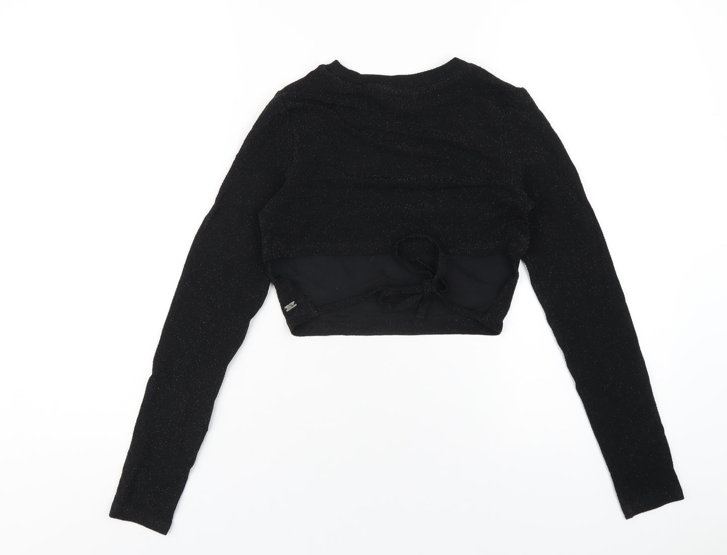 Pull&Bear Womens Black Polyethylene Cropped T-Shirt Size S Round Neck