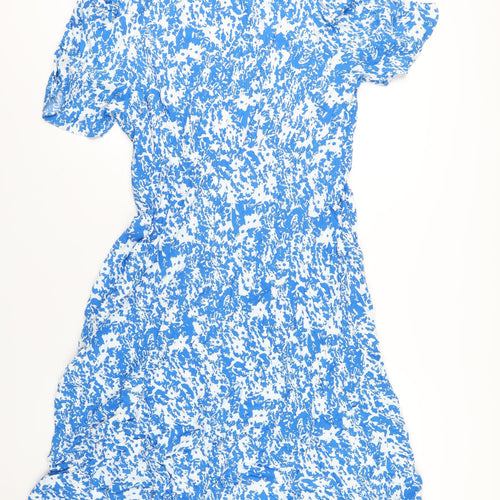 Marks and Spencer Womens Blue Geometric Viscose A-Line Size 20 Round Neck Zip
